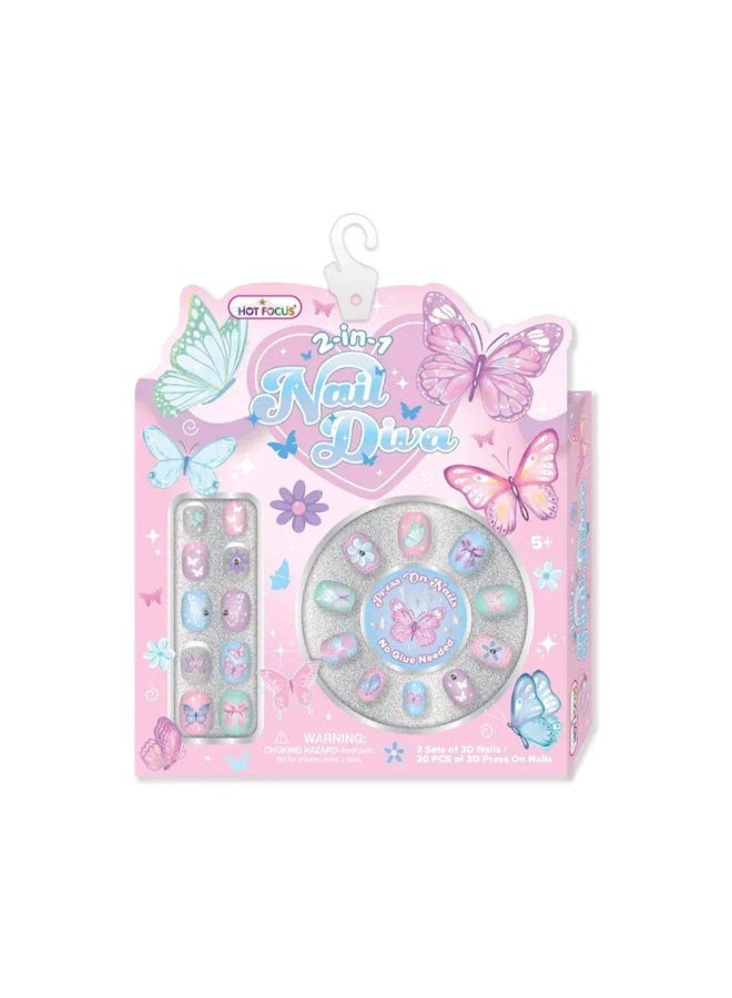 Hot Focus Butterflies 2-in-1 Nail Diva 3D Press-On Nails Set (20 Pieces) - Image 1